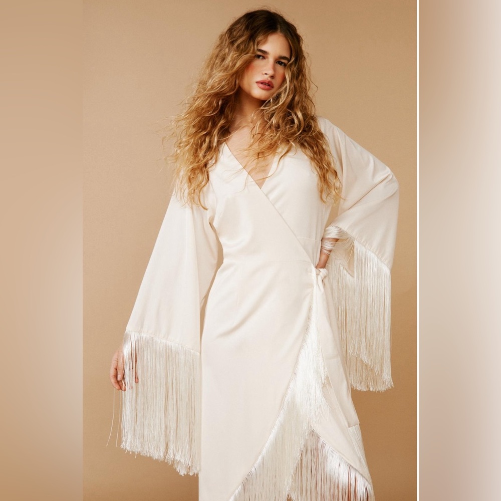 Nasty Gal Cream Fringe Midi Wrap Dress